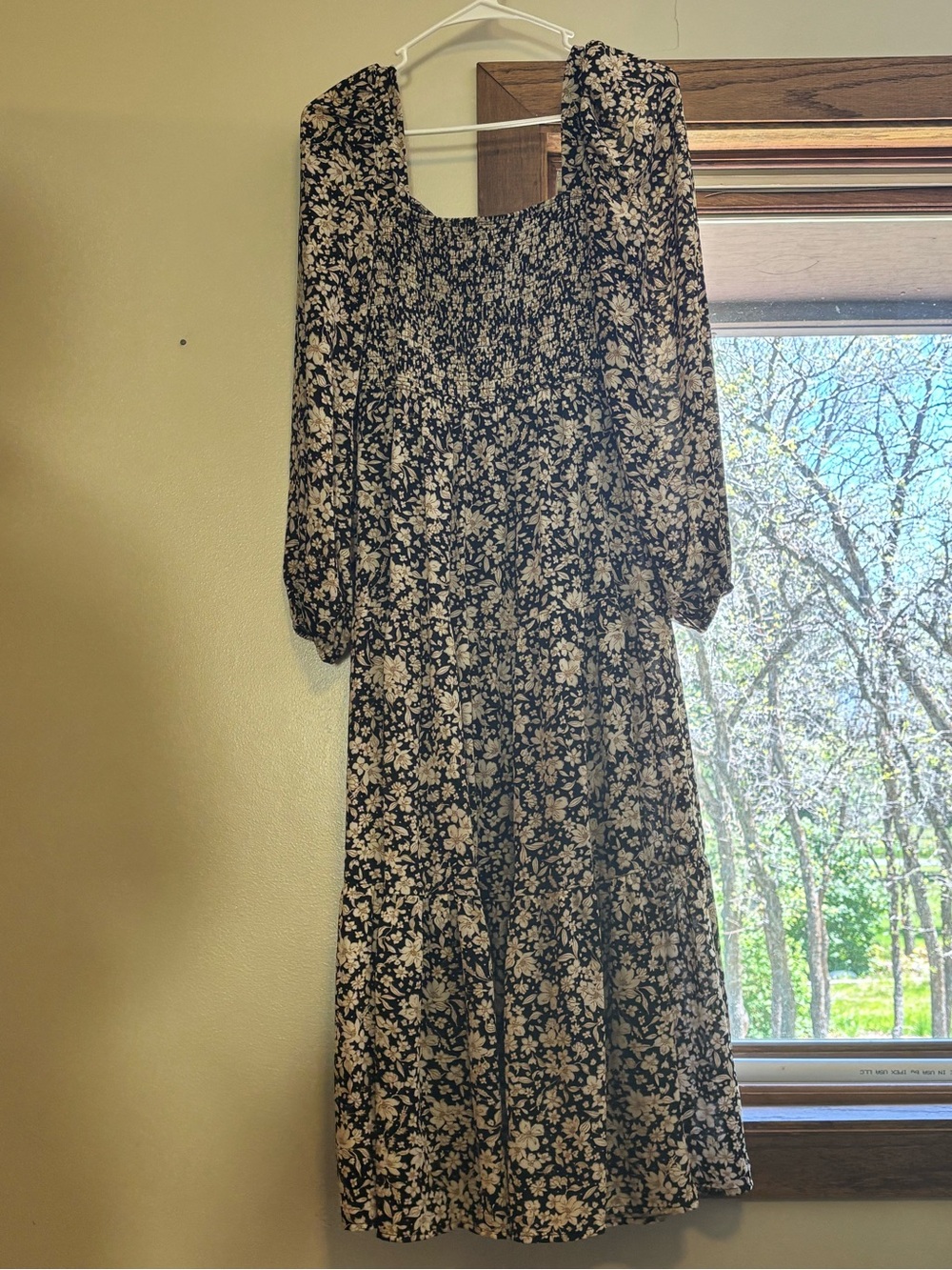 August Sky Smocked Black Dress with Cream floral Print